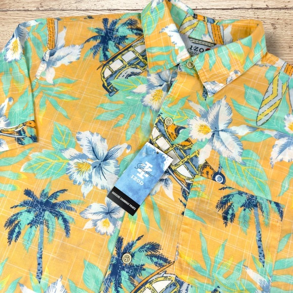 IZOD‎ Saltwater Dockside Chambray Short Sleeve Shirt NWT Size L Tropical Print - Picture 1 of 7